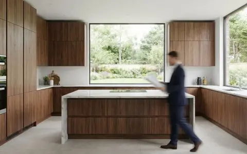 Cuisine en U de petite surface, 5m2, avec îlot central et grandes fenêtres offrant une vue sur le jardin. Meubles en bois de noyer.