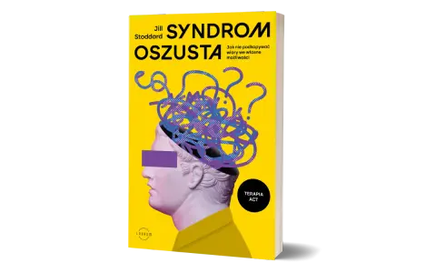 Okładka książki "Syndrom oszusta" Jill Stoddard. Stylizowana głowa z plątaniną myśli i znaków zapytania symbolizuje wewnętrzne wątpliwości.