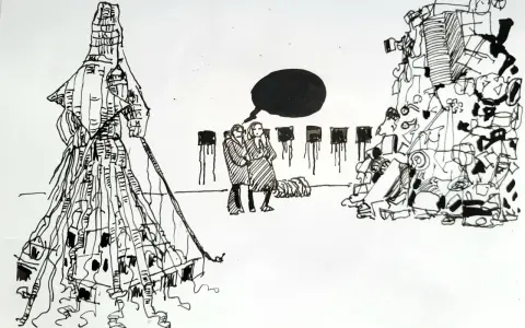 En surrealistisk teckning med en stor, klädd figur till vänster, två personer med en pratbubbla i mitten och en hög med objekt till höger. Någon verkar vilja rita fina bilder.