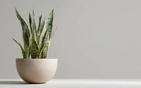 Planta lengua de suegra en maceta beige. Sus hojas verdes y amarillas apuntan hacia arriba, perfectas para interiores.