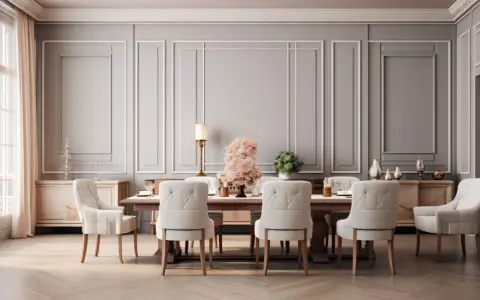 Elegancka jadalnia z boiserie, stołem i białymi krzesłami. Idealne idee boiserie soggiorno.