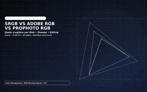 Confronto SRGB, Adobe RGB, ProPhoto RGB per editing e stampa. Grafica in formato Photoshop con diagrammi di gamut.