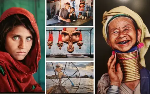 Opera d'arte di Steve McCurry: ritratto di bambina afghana, monaci in posa, pescatore e donna con anelli al collo.