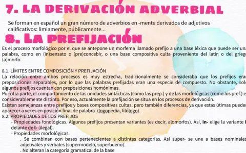 Texto sobre morfemas flexivos y derivativos, explicando la prefijación y sus límites con la composición.