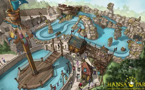 Piratenabenteuer im Freizeitpark Hansa-Park: Boote auf Wasserwegen, ein Schiff mit schwingenden Fahrgästen und felsige Landschaften.