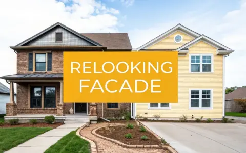 Avant/après d'une rénovation maison : une façade en briques transformée en jaune vif.