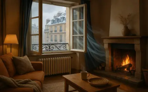 Salon cosy avec feu de cheminée, fenêtre ouverte sur un paysage enneigé. L'air frais circule, offrant une agréable **aération maison**.