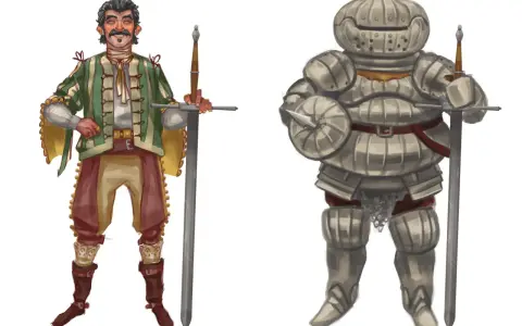Siegmeyer de Catarina, un caballero con armadura completa, y otro hombre con atuendo renacentista, ambos sostienen espadas.