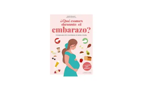 Portada de libro "¿Qué comer durante el embarazo?". Ilustra una mujer embarazada rodeada de alimentos, con consejos para una gestación sin dudas.