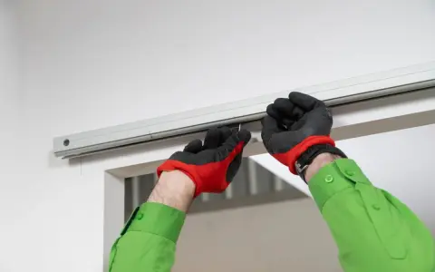 Man con guantes rojos y negros instala riel para puerta corredera.