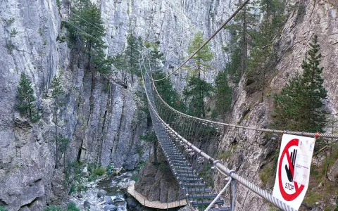 Un emozionante ponte tibetano in Piemonte attraversa una gola rocciosa, con un torrente sottostante e pini aggrappati alle pareti.