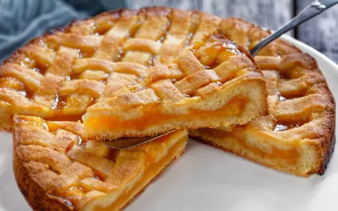Deliziosa crostata senza glutine con ripieno di albicocche, la fetta sollevata mostra la morbidezza dell'impasto e la succosità della frutta.