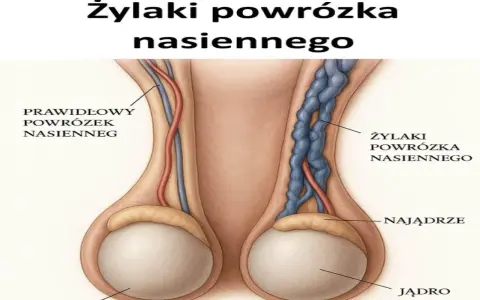 Ilustracja porównuje prawidłowy powrózek nasienny z żylakami powrózka nasiennego. Tak, czy z żylakami powrózka nasiennego można żyć, choć mogą wpływać na płodność.