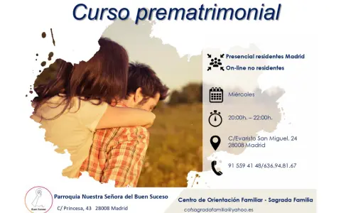 Pareja abrazada, anuncio de curso prematrimonial en Madrid. Miércoles de 20h a 22h.