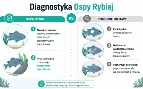 Ospa rybia objawia się drobnymi białymi kropkami, ryby ocierają się o dekoracje. Podobne objawy to pleśniawka, nadmierny śluz lub pęcherzyki powietrza.
