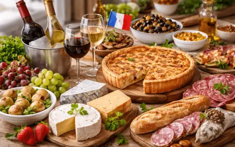 Un festin français : quiche, fromages, charcuterie, pain et fruits. Parfait pour savoir que manger avec un pinot noir.