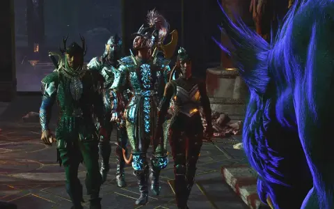 Guerreros con armaduras brillantes se preparan para la ordalía de Shar, enfrentando a una criatura azul peluda.