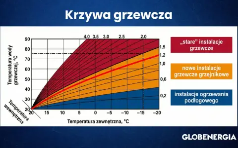 Krzywa grzewcza pompy ciepła pokazuje zależność temperatury wody grzewczej od temperatury zewnętrznej dla różnych typów instalacji.