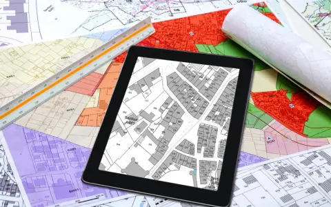 Na ekranie tabletu widoczny jest fragment miejscowego planu zagospodarowania przestrzennego gminy, otoczony mapami i linijką geodezyjną.