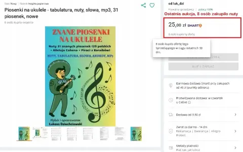 Okładka książki "Znane piosenki na ukulele" z nutami, tabulaturą i akordami.