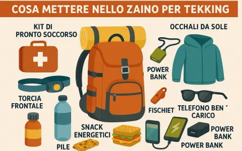 Zaino da trekking arancione con kit pronto soccorso, torcia, acqua, snack, power bank, fischietto, occhiali da sole e giacca. Essenziale per sapere cosa mettere nello zaino da trekking.