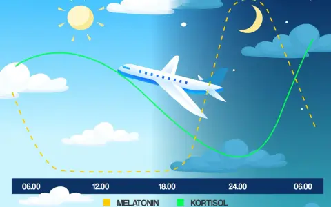 Flygplan korsar tidszoner, vilket illustrerar jetlag från USA till Sverige med grafer för melatonin och kortisol.
