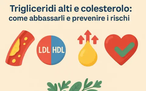 Illustrazione che spiega la differenza tra colesterolo e trigliceridi, con icone di arteria ostruita, LDL/HDL, goccia d'olio e cuore sano.