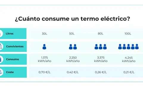 Tabla comparativa: ¿cuánto consume un termo eléctrico? Muestra consumo anual (kWh) y coste (€/L) para termos de 30L a 100L según convivientes.