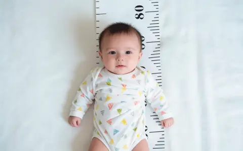 Bebé con body de triángulos de colores, acostado sobre una cinta métrica. Su crecimiento se encuentra en el percentil 4.