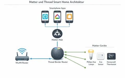 Schema der Matter und Thread Smart Home Architektur: Smartphone-Apps steuern den Matter-Hub, der mit dem Thread Border Router verbunden ist. Dieser kommuniziert mit Matter-Geräten wie Philips Hue, Eve Sensor und Honeywell Thermostat.