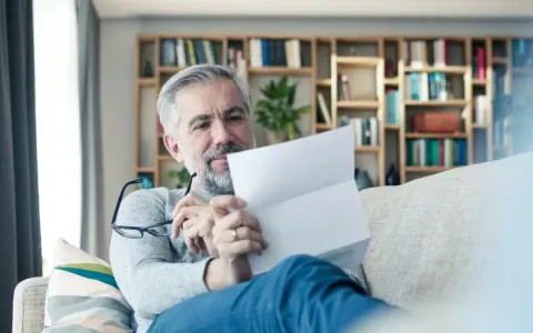 Mężczyzna z siwą brodą czyta dokument, być może wypowiedzenie OC. Na półkach za nim widać książki.