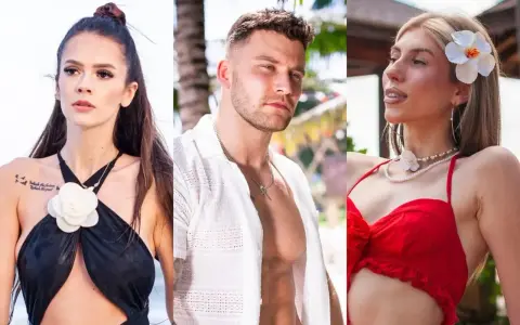 Trzy osoby na tle tropikalnego hotelu. Kobieta w czarnym stroju kąpielowym, mężczyzna w białej koszuli i kobieta w czerwonym bikini. Hotel Paradise 12.