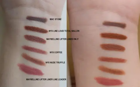 Testy odcieni na przedramieniu, w tym Maybelline Lifter Liner.