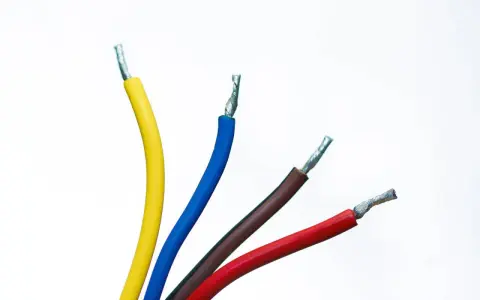 Faisceau de fils électriques colorés : jaune, bleu, marron et rouge. Un fil noir est caché parmi eux, prêt à transporter l'électricité.