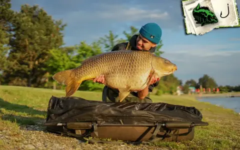 Glücklicher Angler präsentiert stolz einen riesigen Karpfen am Schwerborner See.