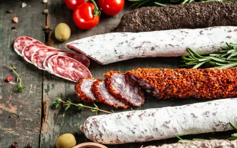 Assortiment de charcuteries, dont une spécialité des Pyrénées enrobée d'épices, sur fond de bois rustique avec tomates et herbes.