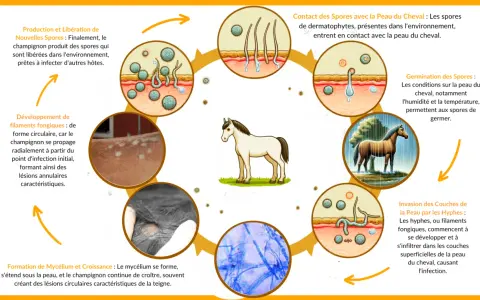 Cycle de vie du champignon responsable de la teigne cheval, montrant la contamination, la germination des spores, l'invasion de la peau et la formation de lésions caractéristiques.
