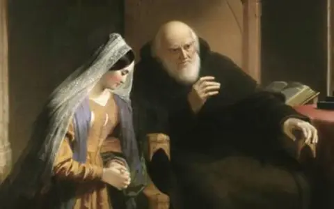 Młoda kobieta w welonie klęczy przed mnichem, gdy wprowadzono spowiedź na ucho.