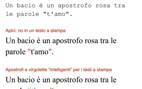 Un bacio è un apostrofo rosa tra le parole "t'amo". La figura retorica dell'apostrofe è qui rappresentata visivamente.