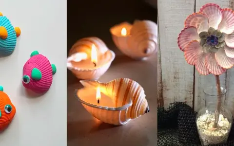 Idées créatives pour savoir que faire avec des coquillages ramassés sur la plage : poissons décoratifs, bougies, et une fleur en coquillages.