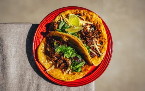 Zwei saftige Birria Tacos auf einem roten Teller, garniert mit Koriander und Limettenspalten.