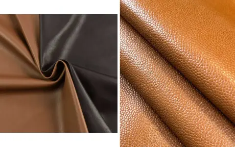 Dos tipos de cuero: uno liso en marrón y negro, y otro con textura granulada en tono coñac.