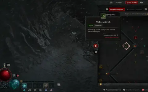 Diablo 4 nekromanta build: drzewko umiejętności z aktywną zdolnością "Wybuch Zwłok", która zadaje obrażenia pobliskim wrogom.