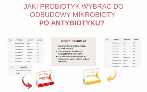 Czy można brać probiotyki profilaktycznie? Tabela przedstawia różne szczepy bakterii, które pomagają odbudować mikrobiotę po antybiotyku.