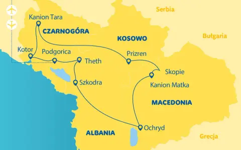 Mapa pokazuje trasę podróży przez Bałkany: Czarnogóra, Kosowo, Macedonia, Albania.