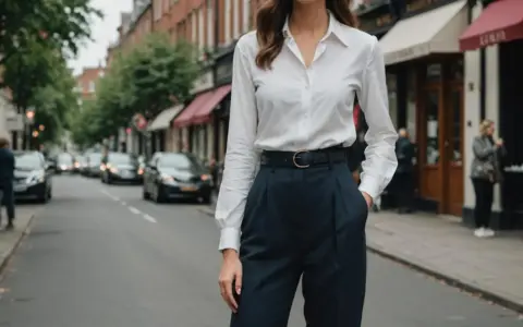 Elegancka stylizacja: biała koszula i granatowe szerokie spodnie. Idealne połączenie, które sprawdzi się w każdej sytuacji. Jaka marynarka do szerokich spodni? Ta stylizacja pokazuje, że czasem mniej znaczy więcej.