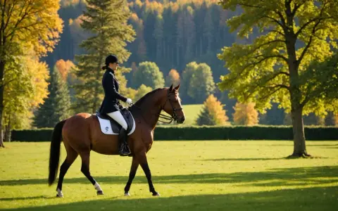 Une cavalière en tenue d'équitation monte un cheval brun dans un pré verdoyant, avec des arbres aux couleurs d'automne en arrière-plan. Un cadre idéal pour un gîte équestre.