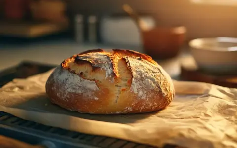 Ein rustikales Sauerteigbrot liegt auf Backpapier. Die Kruste ist goldbraun, aber das Brot geht nicht auf, was auf einen Backfehler hindeutet.