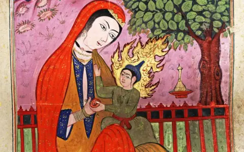 Eine Frau in Rot und Blau hält ein Kind, das von Flammen umgeben ist. Eine Szene aus der islamischen Geschichte, die Isa (Jesus) und seine Mutter Maria darstellt.