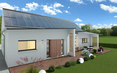 Une maison passive exemple avec panneaux solaires sur le toit, terrasse en bois et jardin verdoyant.
